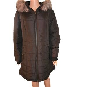 Susan Graver Women's 1X Black Puffer Coat Faux Fur Trim Hooded Winter Jacket New